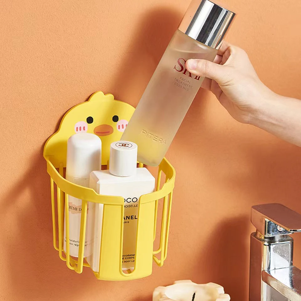 Little Yellow Duck Pattern Toilet Paper Shelf Cartoon Tissue Box Bright Yellow Bathroom Wall-mounted Storage Decorative Basket