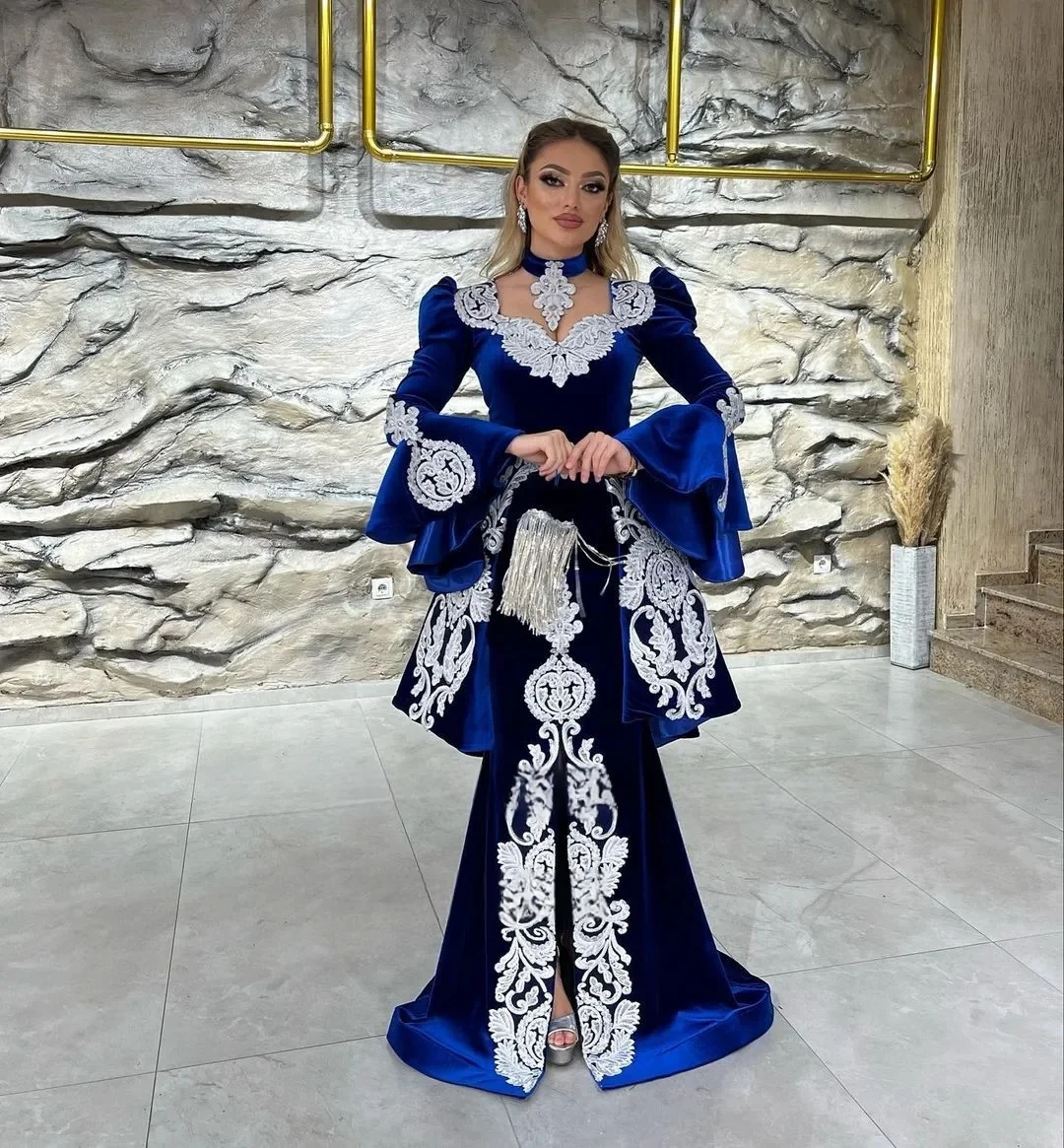 Königsblaue marokkanische Kaftan-Abendkleider im Meerjungfrauen-Stil mit langen Ärmeln und Applikationen, Dubai Arabische Abaya, islamisches Kleid, individuell gestaltet