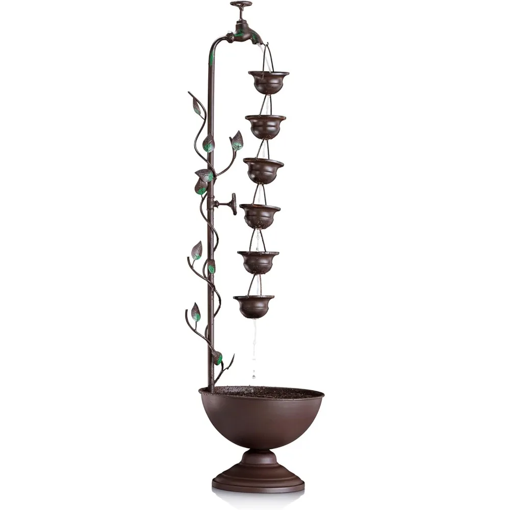 

Outdoor Floor Tiered Vintage Water Fountain w/ 6 Hanging Cups, Soothing Tier Waterfall, 38", Bronze