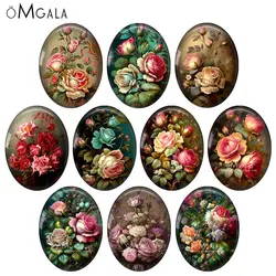 Vintage Oil Paintings Flowers Pattterns 13x18mm/18x25mm/30x40mm Oval photo glass cabochon demo flat back Making findings