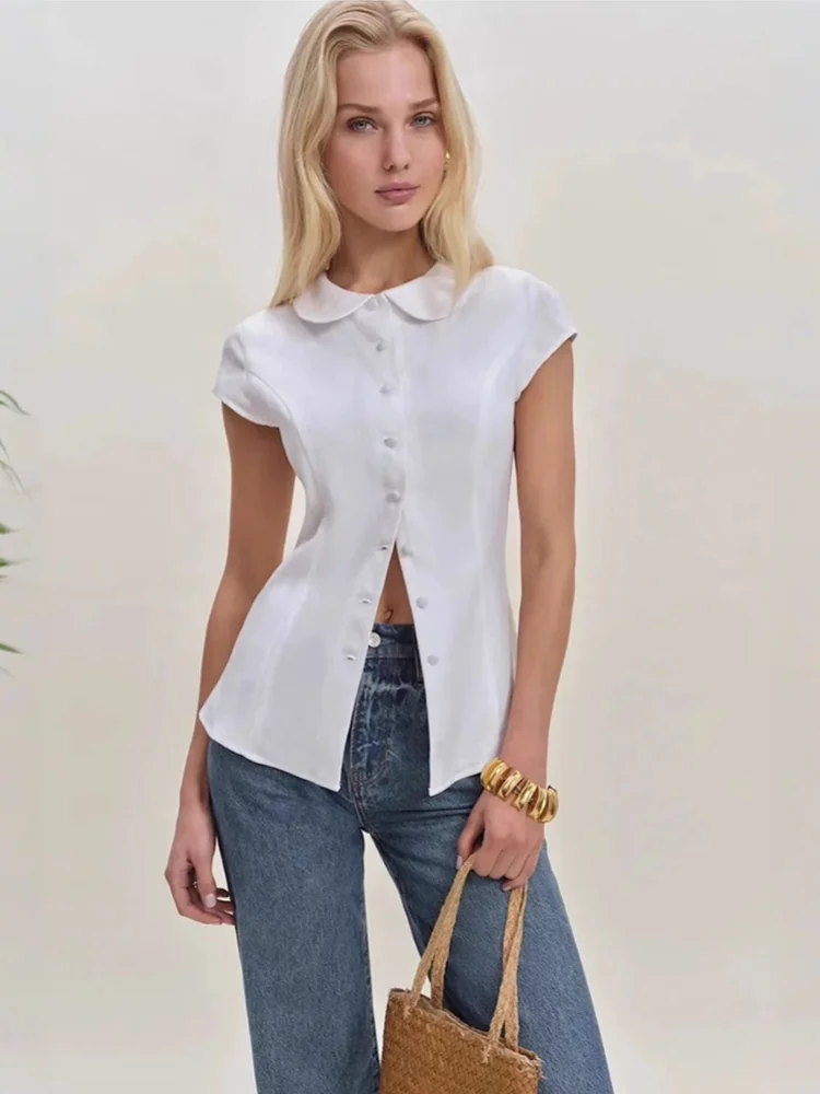 American Soft Girl Style Cotton Linen Shirt Vintage Slimming Babydoll Collar Waist Cinched Belted Top White Shirt