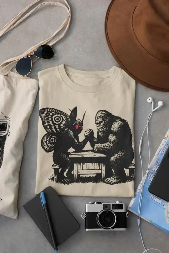 Bigfoot V Mothman Shirt Funny Cryptid Arm Wrestling T-Shirt Men's Graphic Tee Dad Tshirt Creature Gift for Camping