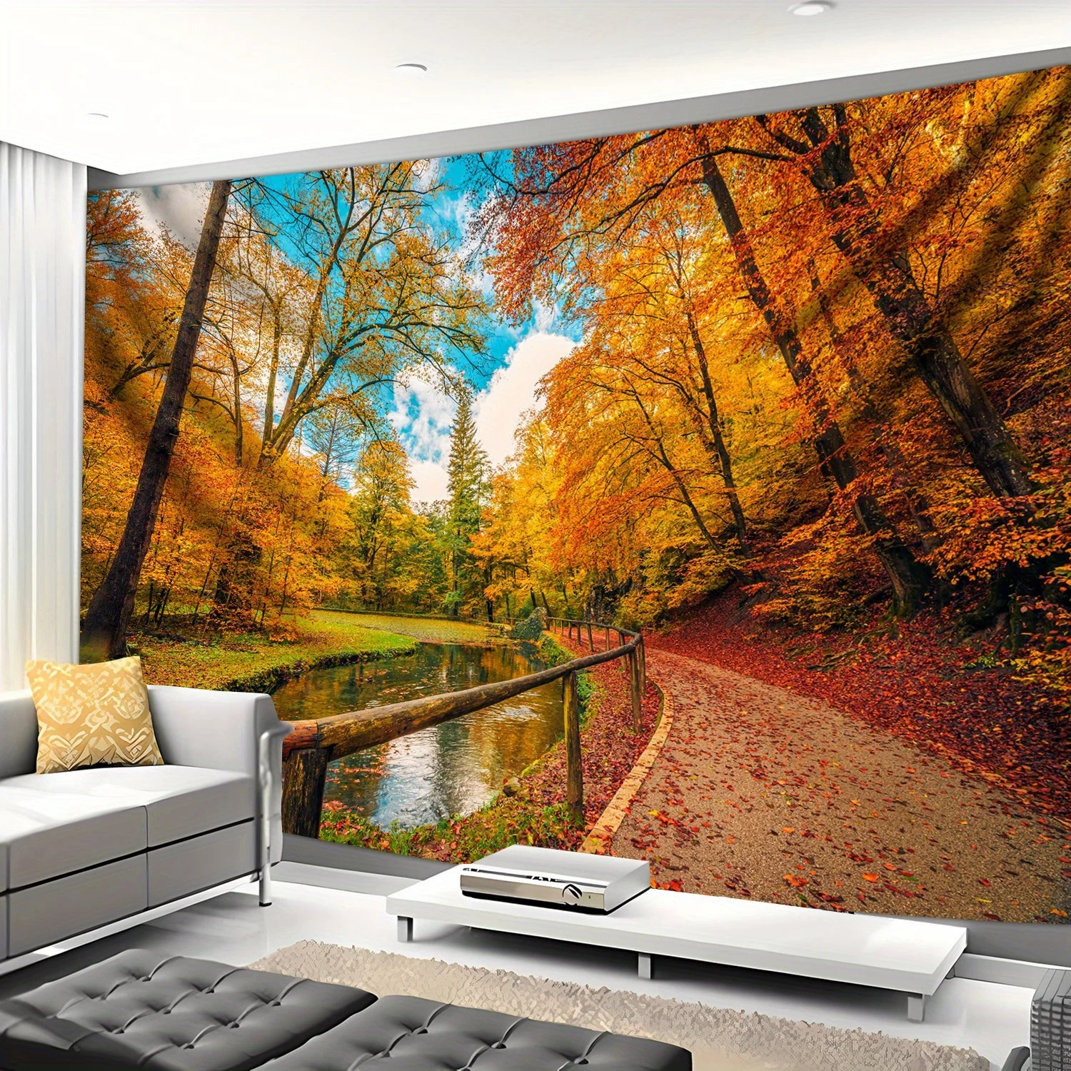 Autumn Forest Tapestry, Colorful Fall Trees and River Path, Scenic Wall Hanging for Living Room Bedroom Decor