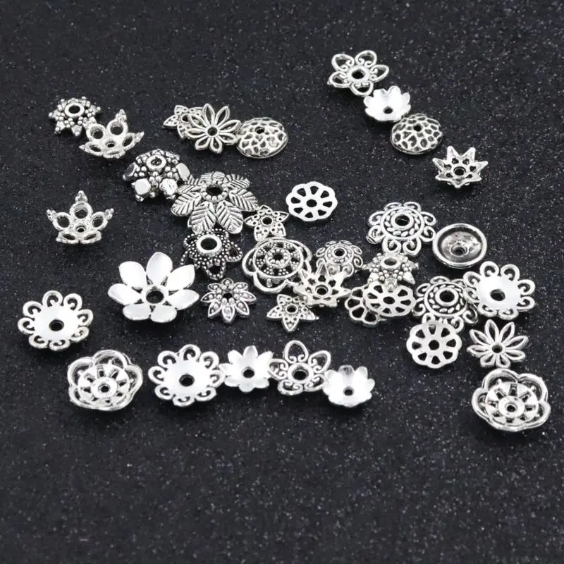 8mm-15mm 100pcs Antique Silver Mixed Beads Caps For Jewelry Findings Flower Hollow Out Bead End Diy Accessories Handmade Jewelry