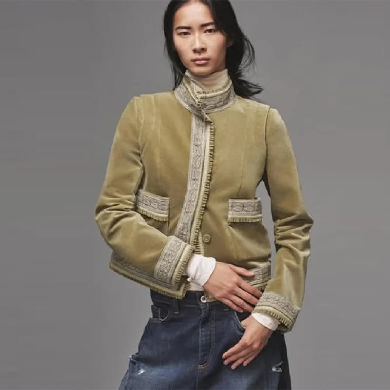 سترة جيب رقعة كلاسيكية من الدانتيل أنيقة عصرية للمصممين الرجعية ملابس خارجية نسائية للخريف بوهو ملابس خروج دافئة #2