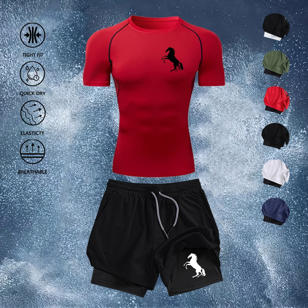 

Men's Gym Training 2Pcs Outfit Minimalist Horse Print Quick Dry Compression T-Shirt + Double Layer Running Shorts Sportswear Set