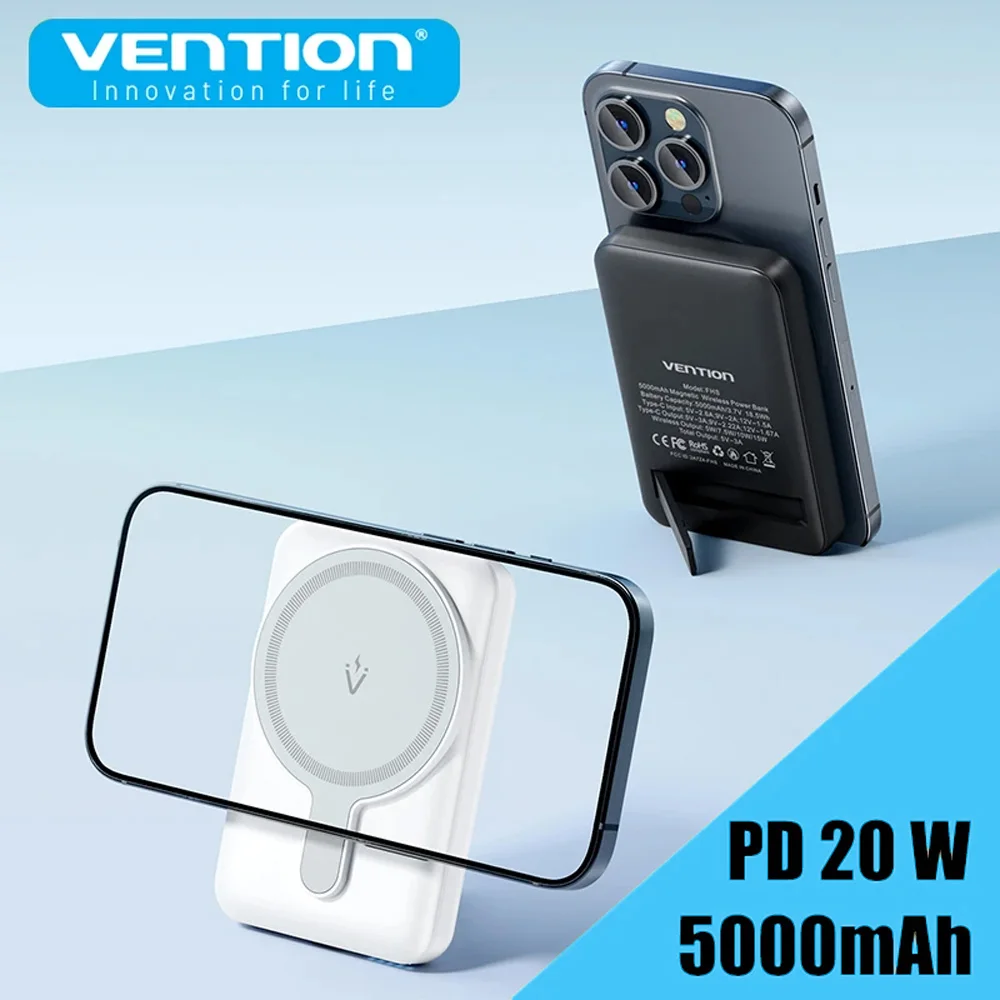 Vention بنك الطاقة المغناطيسي 5000 مللي أمبير رقيقة لاسلكية محمولة بطارية احتياطية PD 20 واط شاحن سريع آيفون 16 ، 15 ، 14 ، 13