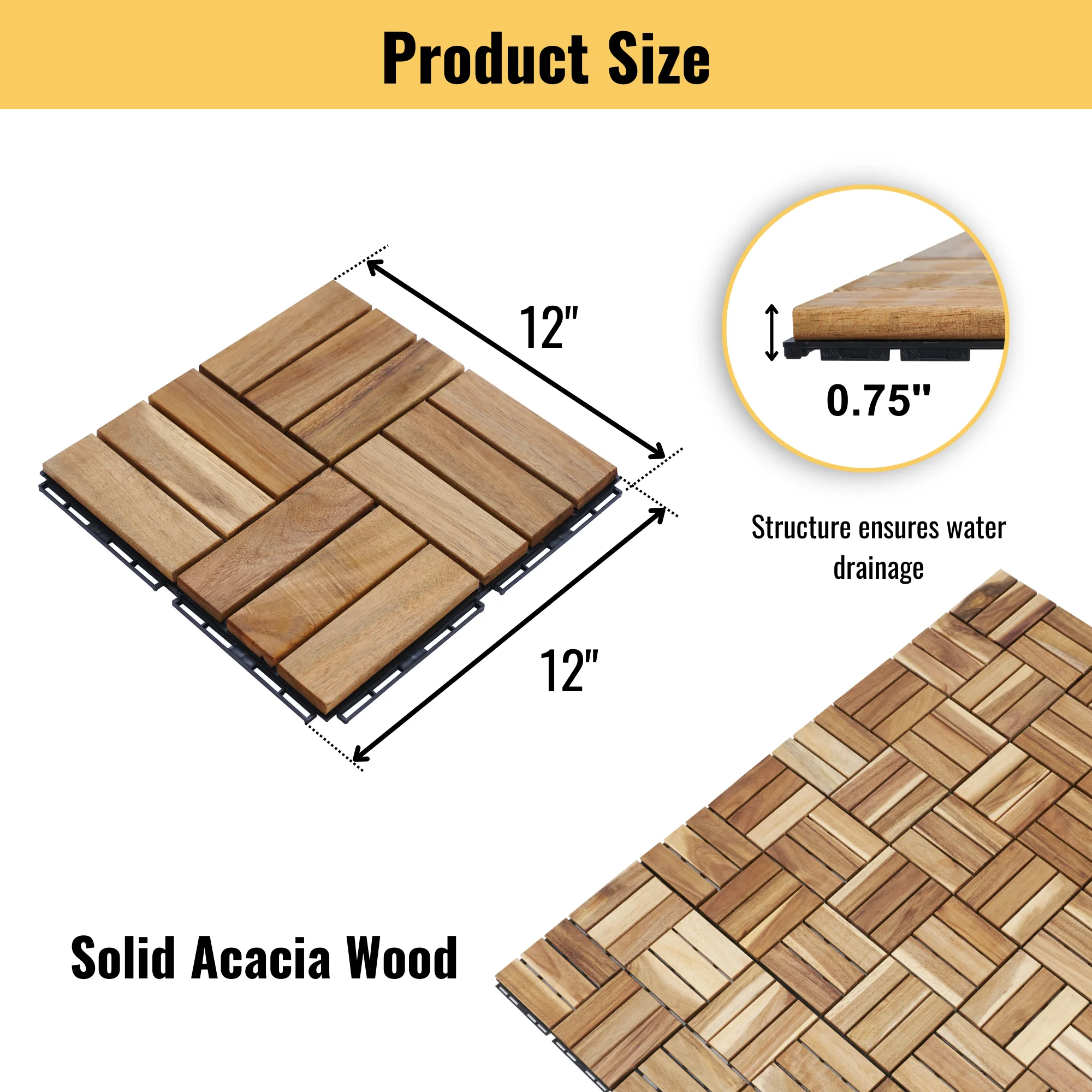 Solid Wood Deck Tiles Striped Waterproof All-Weather Drainable Tiles for Garden/Garage/Entryway DIY Quick-Install