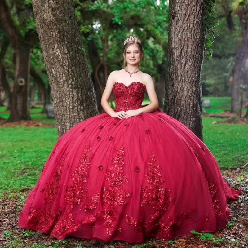 

Красные платья для квинсеаньеры с блестками, кристаллами, 3D цветочными аппликациями, открытыми плечами, длинным шлейфом и бантом, Vestido 15 Quinceanera, индивидуальный пошив