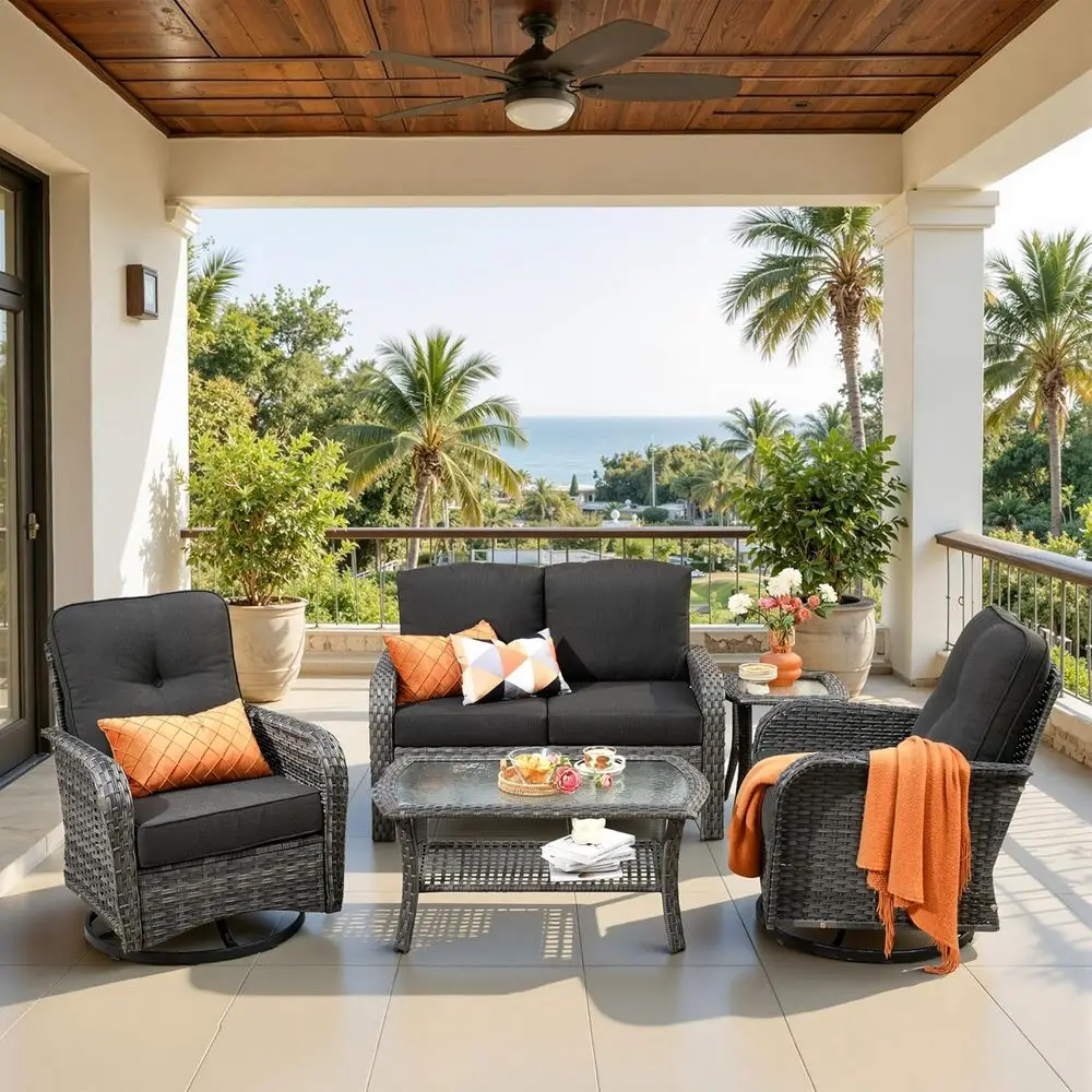 

Grey Wicker Outdoor Rocking Patio Furniture Set with Conversation Rockers and Coffee Table