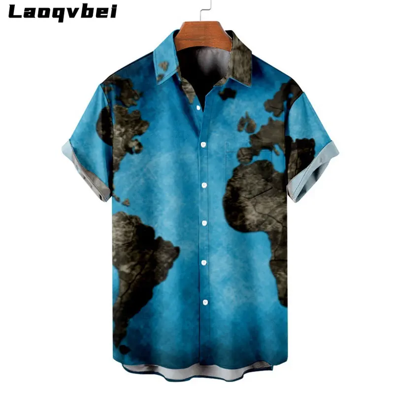 

2023 Map Printed Trendy Loose Short Sleeve Pocket Shirt Men's Hawaiian Shirt Oversized Summer Blue Beach Shirt