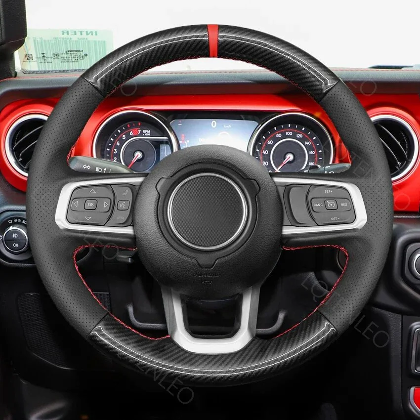 Black Artificial Carbon Leather Car Steering Wheel Cover Braids For Jeep Gladiator JT Wrangler JL Wrangler Unlimited 2018-2024