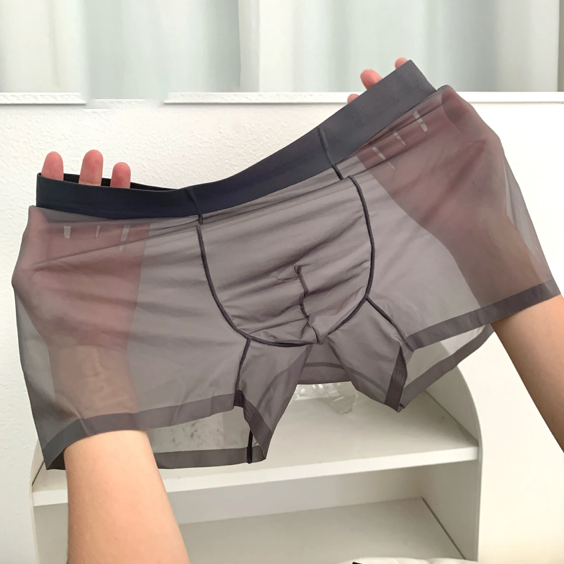 Herrenhöschen aus Eisseide, schnell trocknend, ultradünne Boxershorts, mittelhohe transparente Boxershorts, Unterwäsche, U-Ausbuchtungsbeutel, sexy