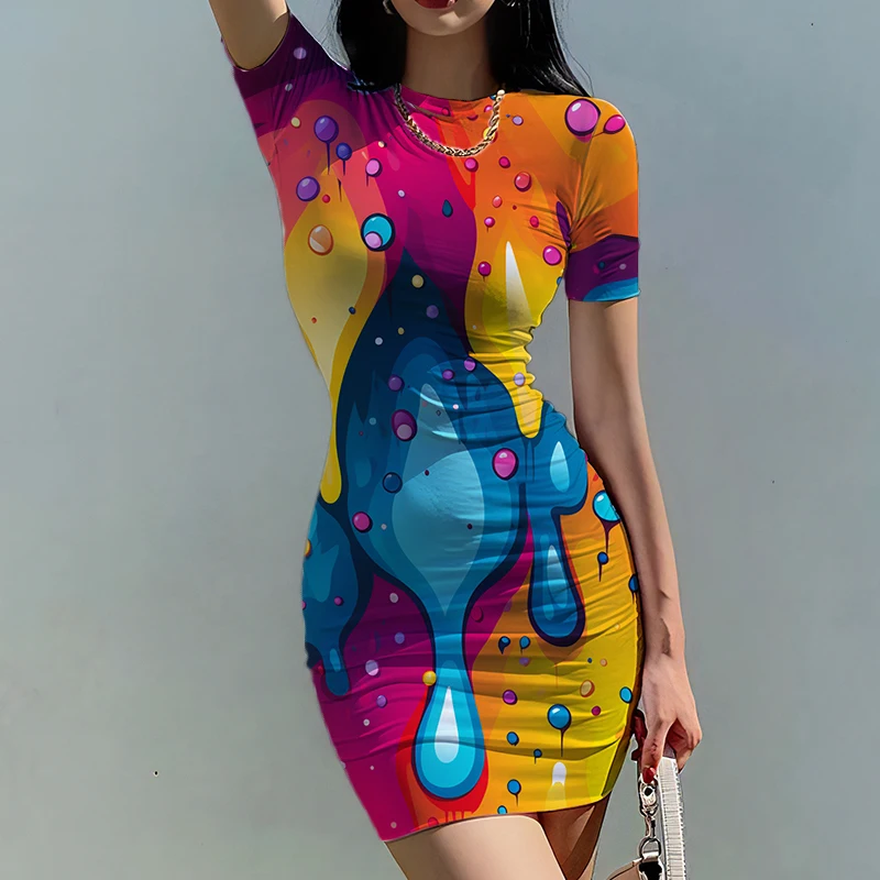 Summer new lady slim dress color water drop 3D printed lady dress bright style ladies slim dress trend fashion ladies slim dress