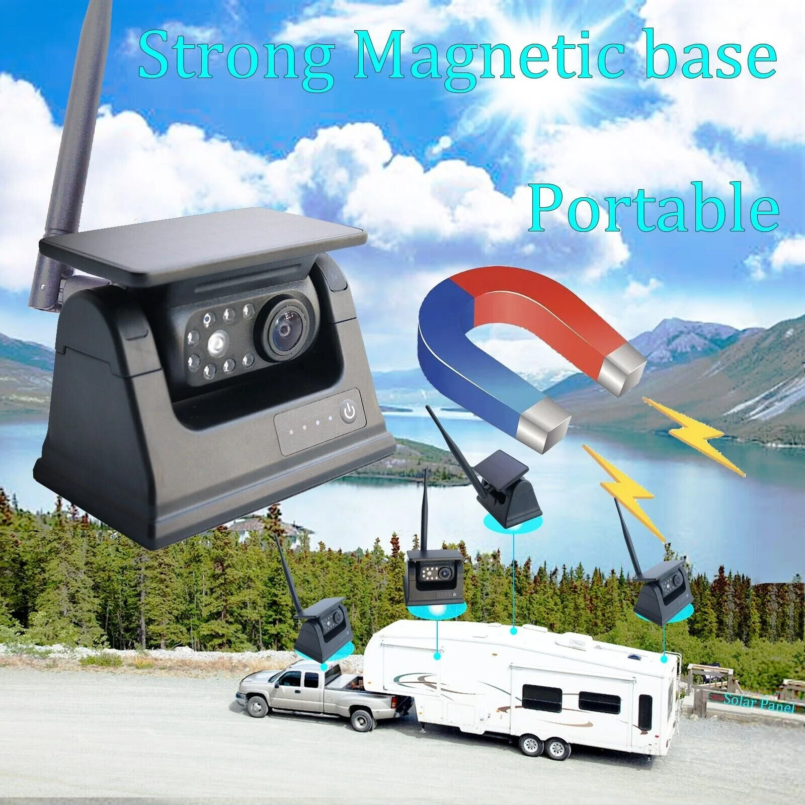 For IPoster 7in Wireless Solar Quadview AHD DVR Monitor with 2 Rearview Magnetic Base Rechargeable 9600mah Battery Camera Kit