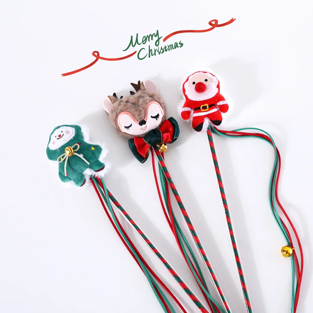 Pet Cat Plush Cartoon Christmas Tree Old Man Deer Tassel Interactive Funny Cat Stick Sounding Bell Toy Training Rod Cat Toy