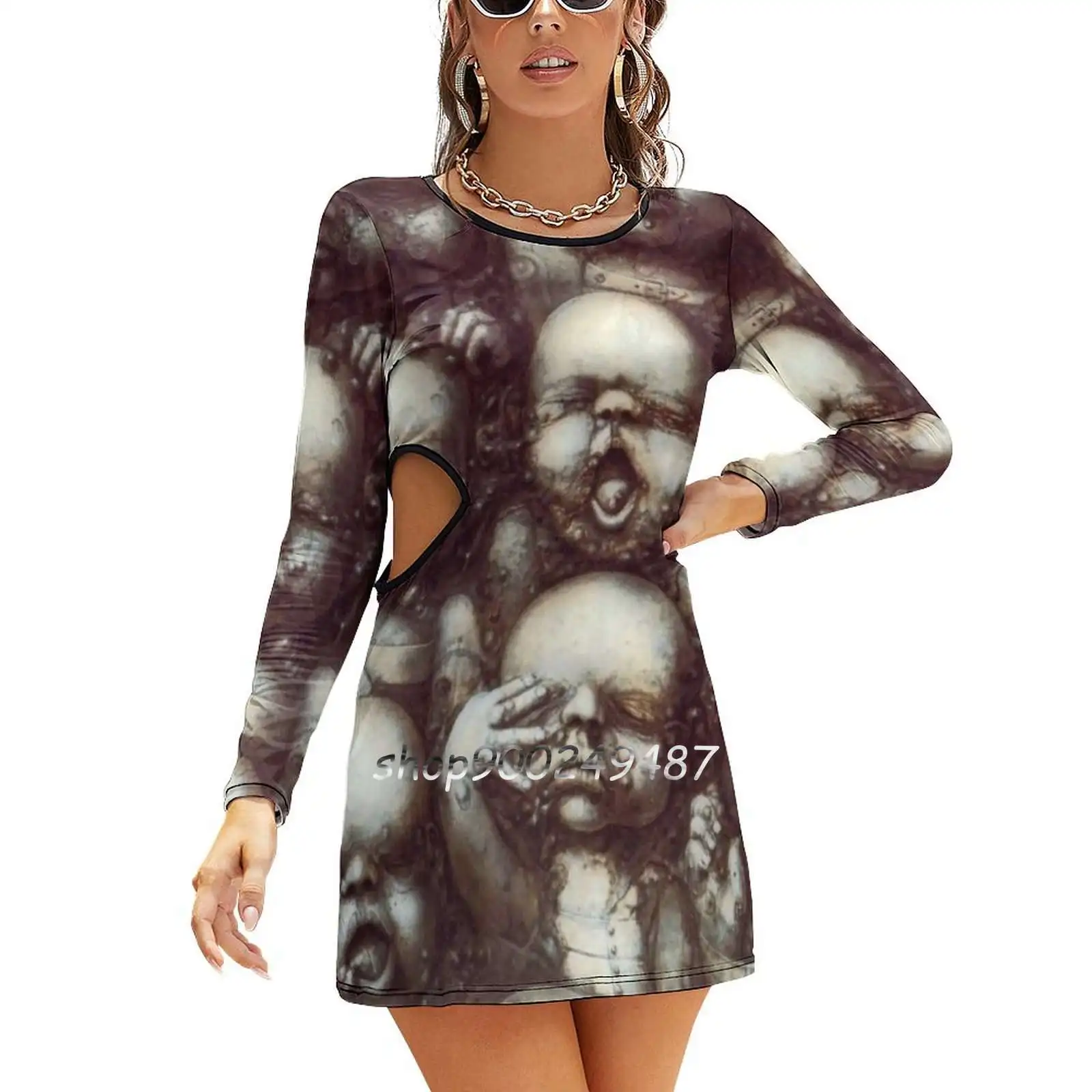 Hr Giger Steampunk Babies Dresses For Women A-Line Korea Style Slim Long Sleeve Dress Metal Steampunk Giger Vintage Retro Sci