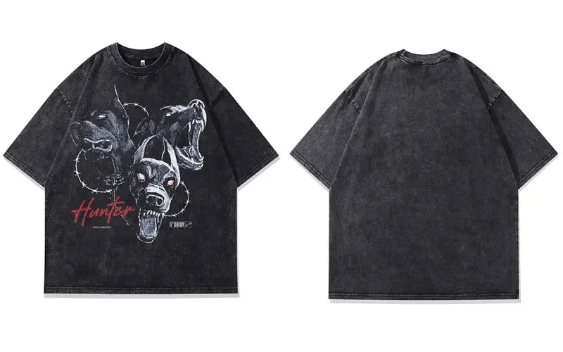 Hip Hop Black T-Shirt Doberman Beast Dog Graphic Print Washed Streetwear Men Harajuku Punk Gothic Shirts Tops Tee