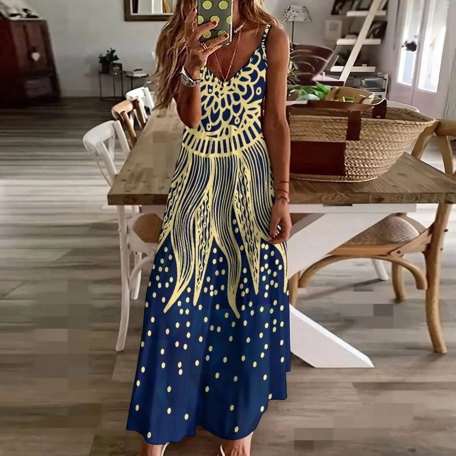 Azul ouro boho sol mandala confetes vestido sem mangas roupas vestido longo vestidos de casamento para mulher vestidos de noite de luxo 2025