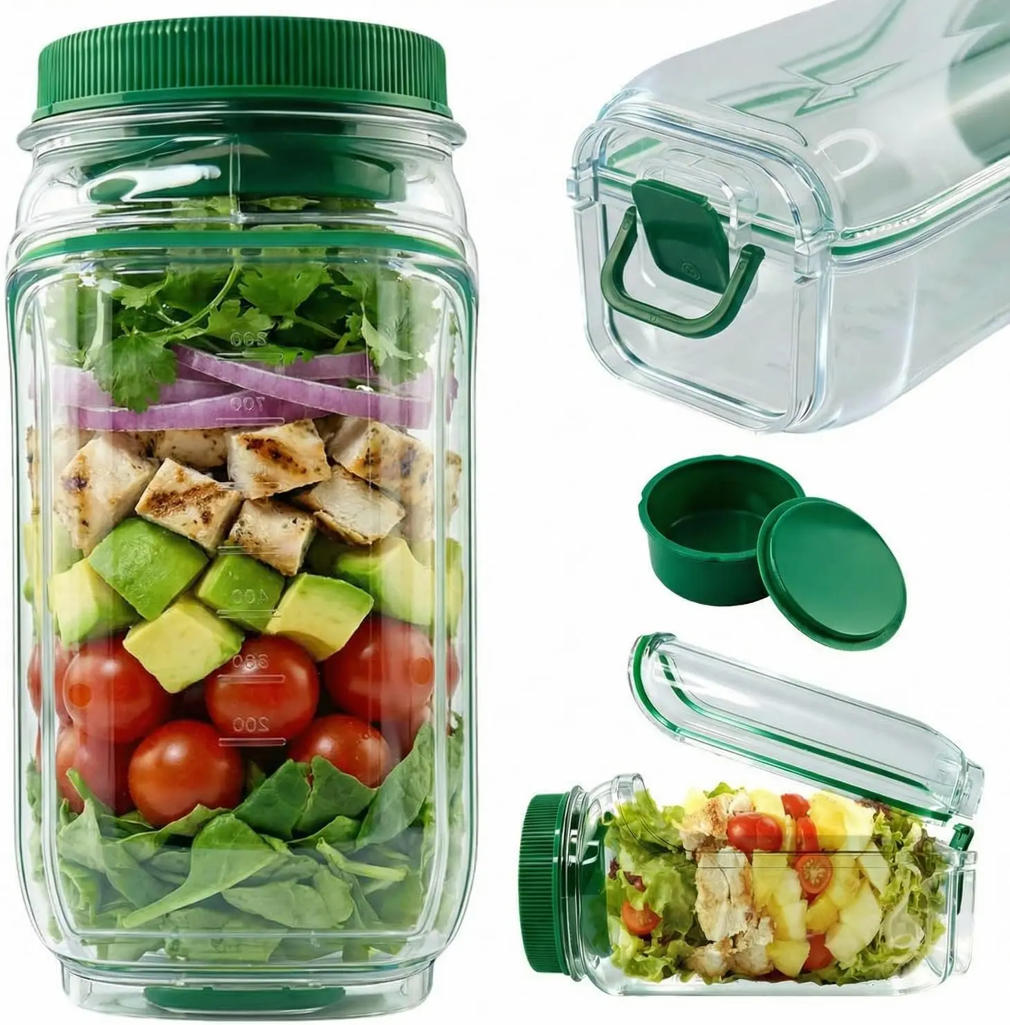 Large Salad Jar with Side Opening, 35oz Leakproof Salad Pod with Dressing Cup, Portable BPA-Free Container for On-the-Go Meal Pr