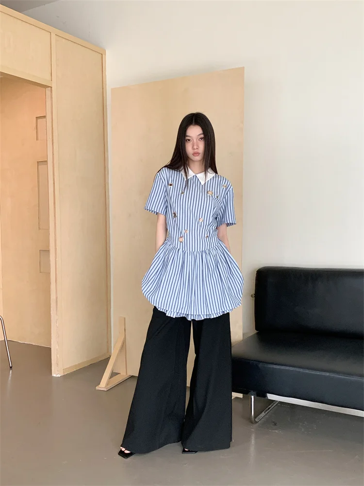 CHEERART Preppy Blue And White Striped Short Sleeve Dress Polo Collared Hollow Out Rings Mini Shirt Dress Women 2024 Summer