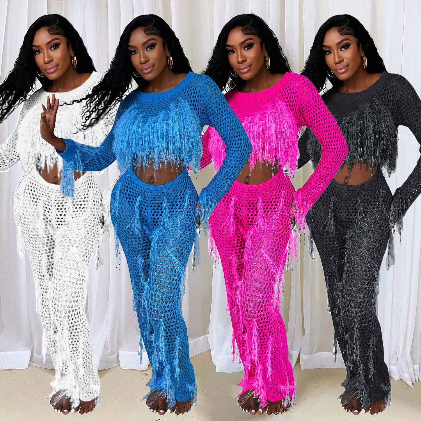 Crocheted Sexy Two Piece Pant Set 2024 Women Summer Tracksuits Elegant Luxury Outfits Bodycon Fringe Knitted 2 Piece Pant Sets