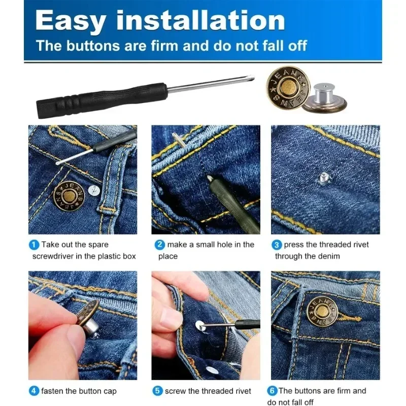 10Pcs Jeans Buttons With Screwdriver 17mm Nail Free Waist Extenders Button Nailless Removable Jean Buttons Sewing Accessories