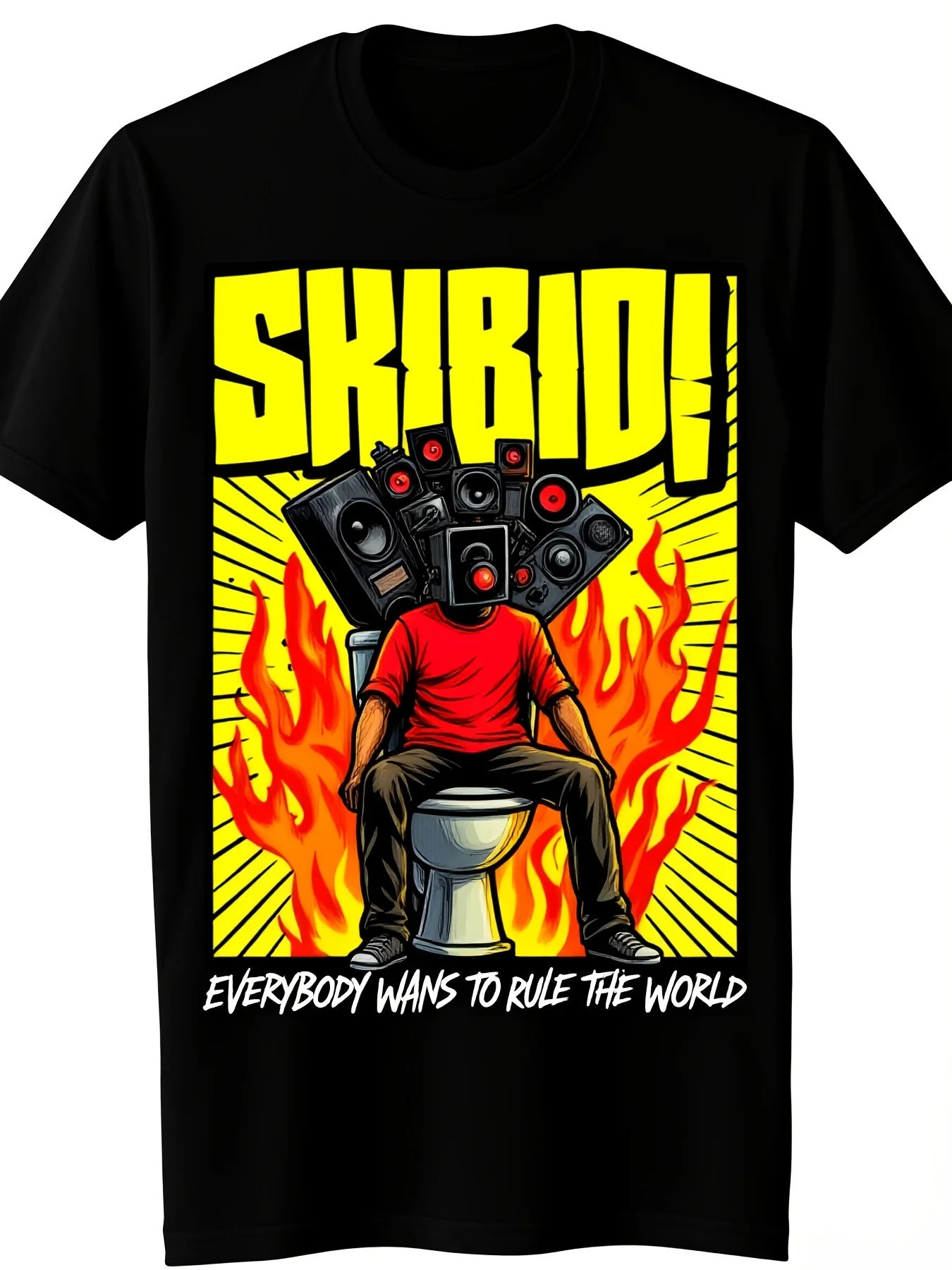 SKIRIDI Black TShirt Featuring a Cool Design with a Character in Red Sitting on a Toilet Surrounded Breathable Sweat-wicking and Soft Suitable for Daily Commutes Lounging at Home and Casual Wear.