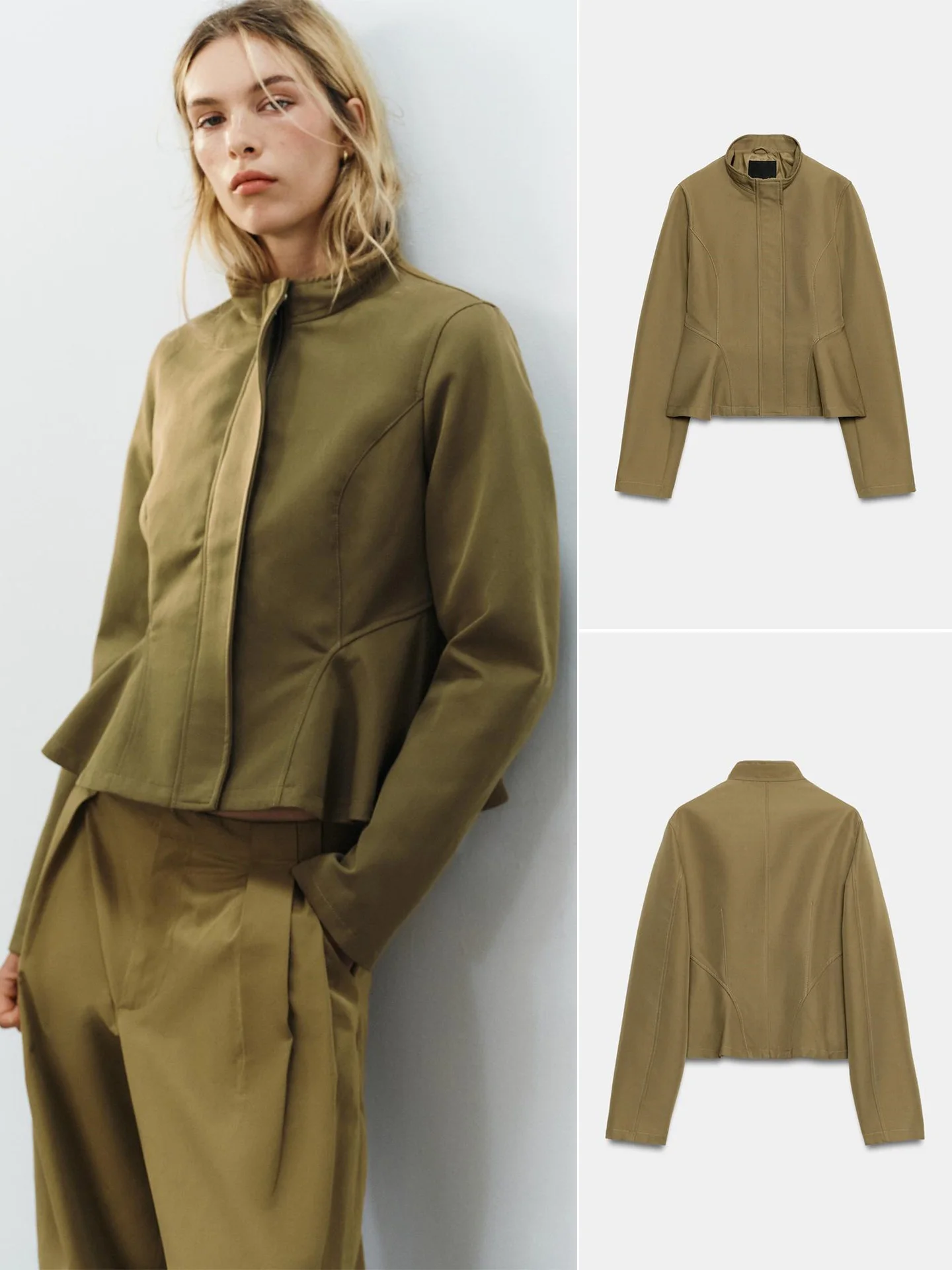 Autumn New Women's Jacket Zipper Stand Collar Nine Points Short Skirt Style Hem Button Outerwear Casual Slim Fit Polyester