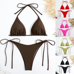 Sexy Women G-string Thong Solid Color Bikini Set Halter Tie Swimsuit Swimwear