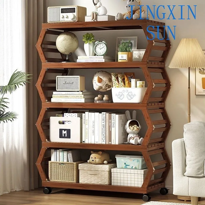 Installation-free folding wheel bookshelf floor-to-ceiling home bedroom living room study removable shelf