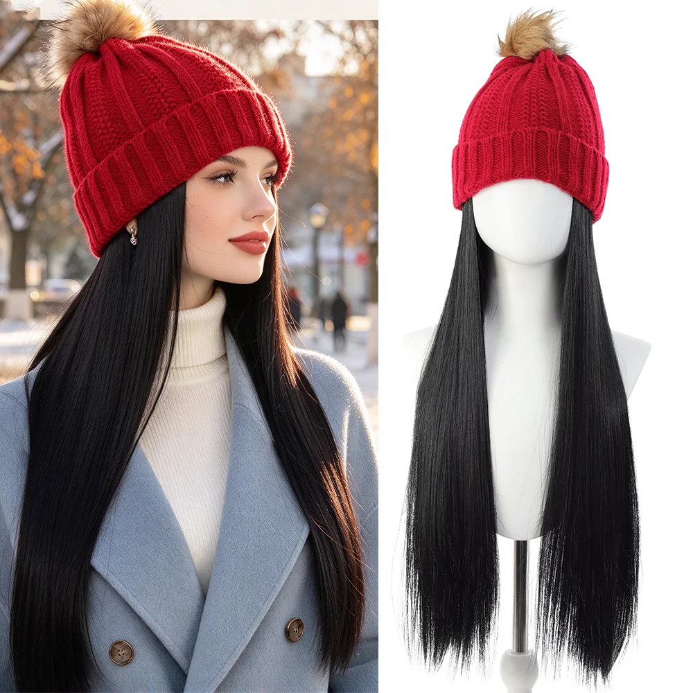 Long Straight Hat Wig Synthetic Wig With Elastic Knitted Hat Wig High Temperature Fiber, Suitable For Daily Wear, Autumn Winter