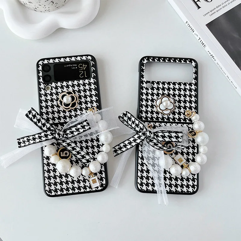 Black and White Check Pearl Camellia phone case for Samsung Galaxy Z Flip 3 4 5 Flip folding screen portable chain phone case