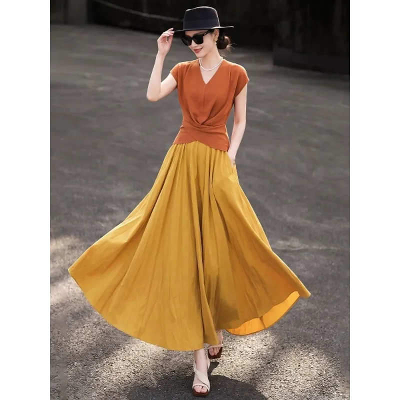 

Women's Summer 2 Piece Set V-neck Twist Top and High Waist A-line Maxi Skirt