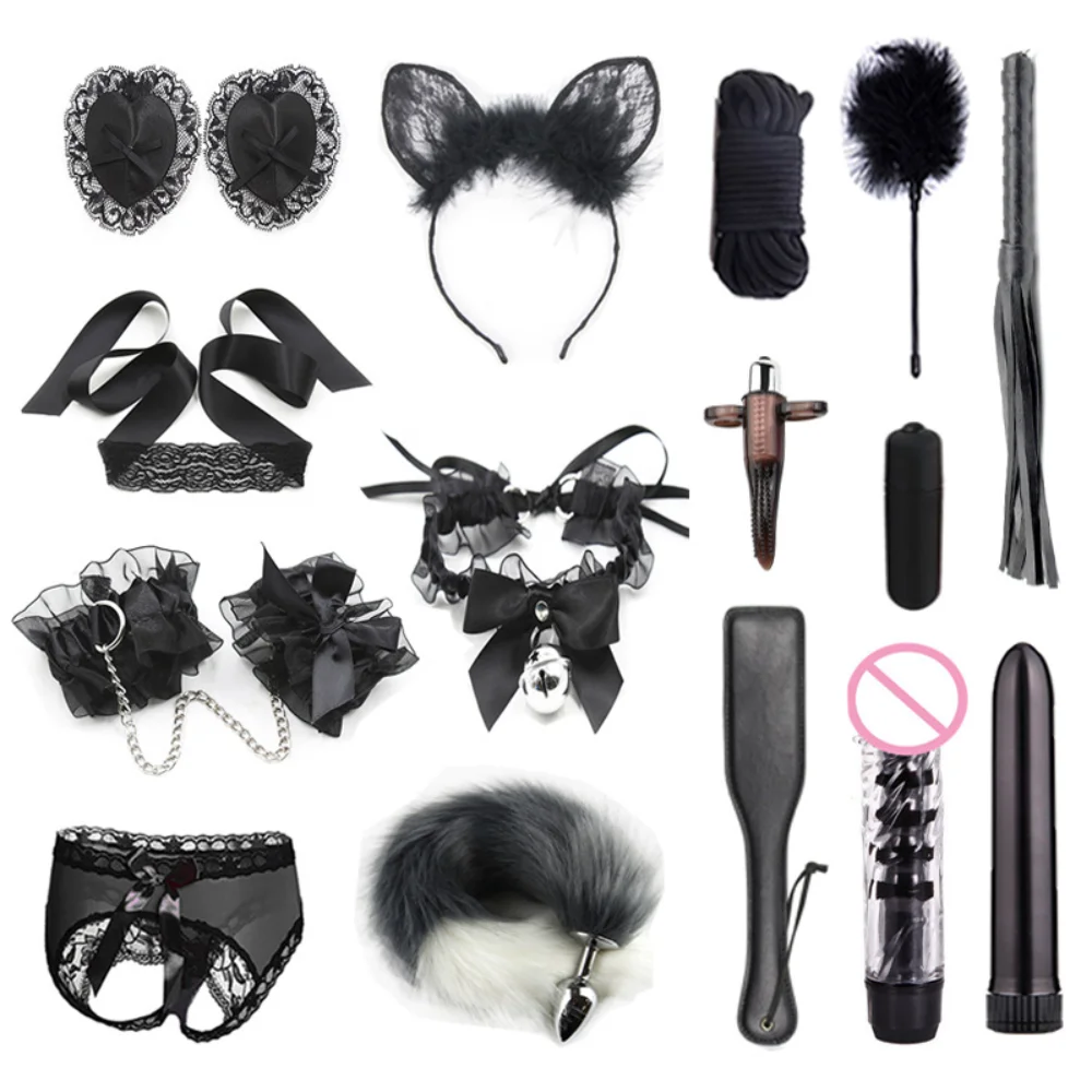 Bdsm Set Toy Sex Handcuffs for Couple Adults Vibrator Whip Anal Plug Tail Gag Kit Bdsm Sexy Cat Ears Sexual Games Bondage Erotic