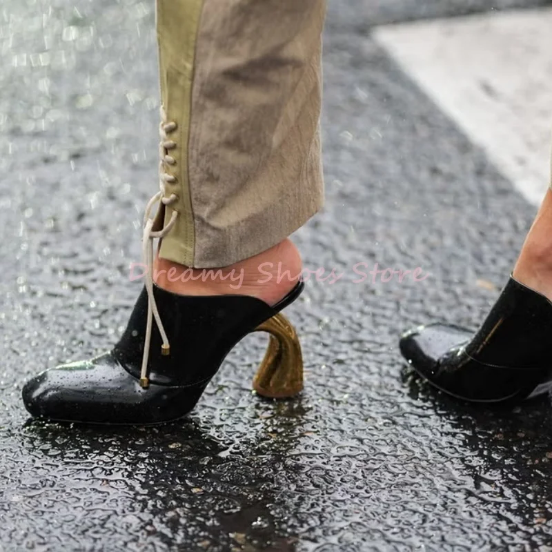 

Leather Square Toe Strange Style Mules Slippers Women Slip On Chunky High Heel Slingback Slippers Fashion Trendy Party Prom Shoe