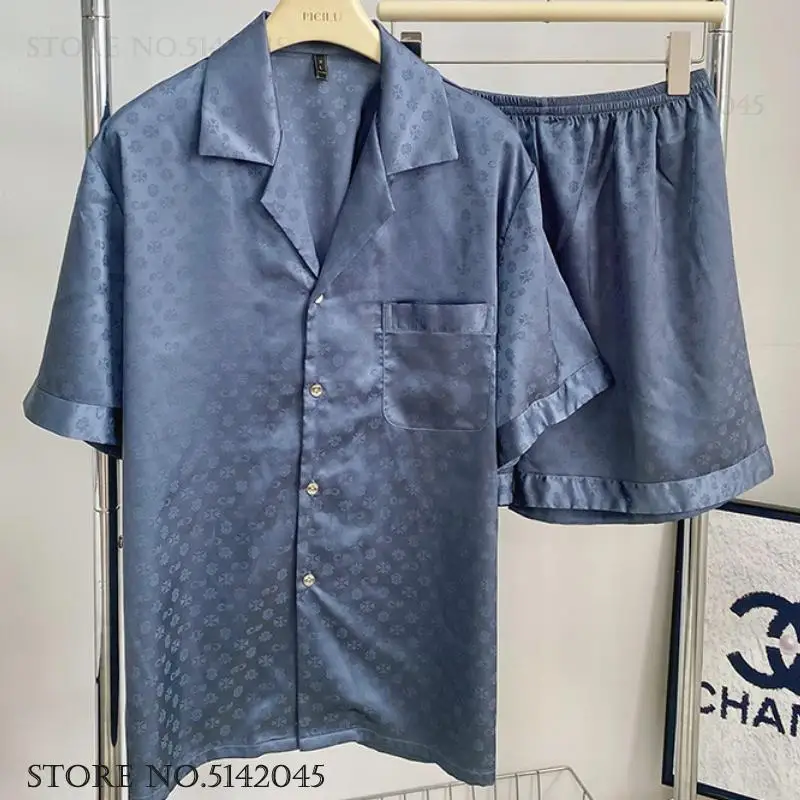 

Summer New Men's Sleepwear Pajamas 2PCS Set Loose Casual Short Sleeve Shorts Pijamas Suit Jacquard Ice Silk Homewear Loungewear