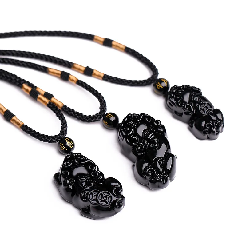 Natural Obsidian Pixiu Necklace Men Women Fine Jewelry Genuine Black Obsidian Crystal Stone Feng Shui Pixiu Pendant Necklaces