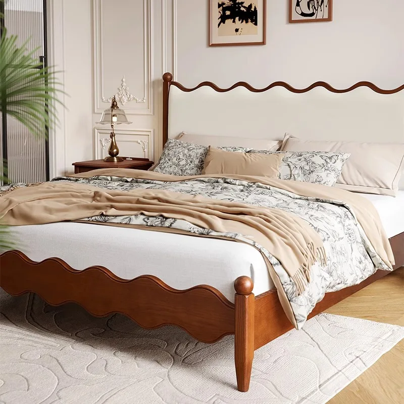 سرير ريترو كريمي فرنسي بطول 1.8 متر، سرير مموج، سرير مزدوج للشقة الصغيرة #4