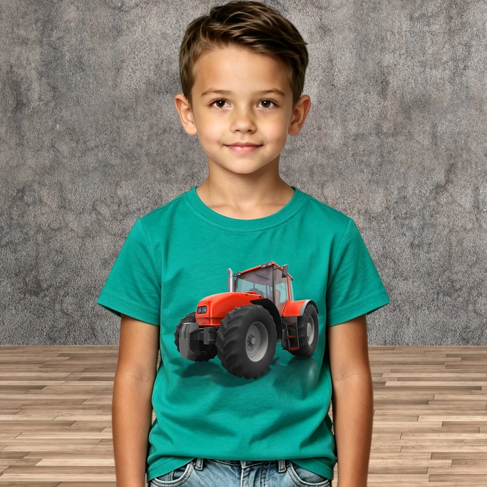Casual Play Boys Cartoon Tractor Graphic Cotton Tees Children Summer Short Sleeve Shirts