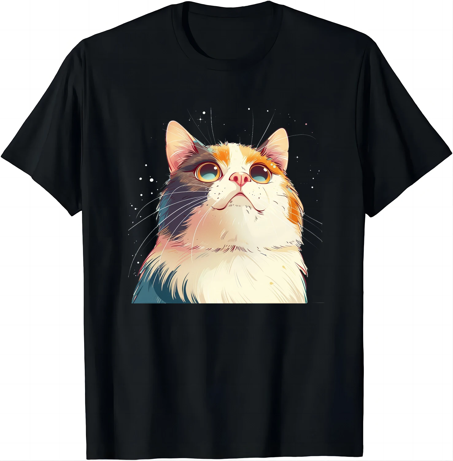 Cute Cat Tee - Beaming with A Smile Under The Starry Night T Shirts Kawaii Clothes Tops Graphic T Shirts Women Men Clothing