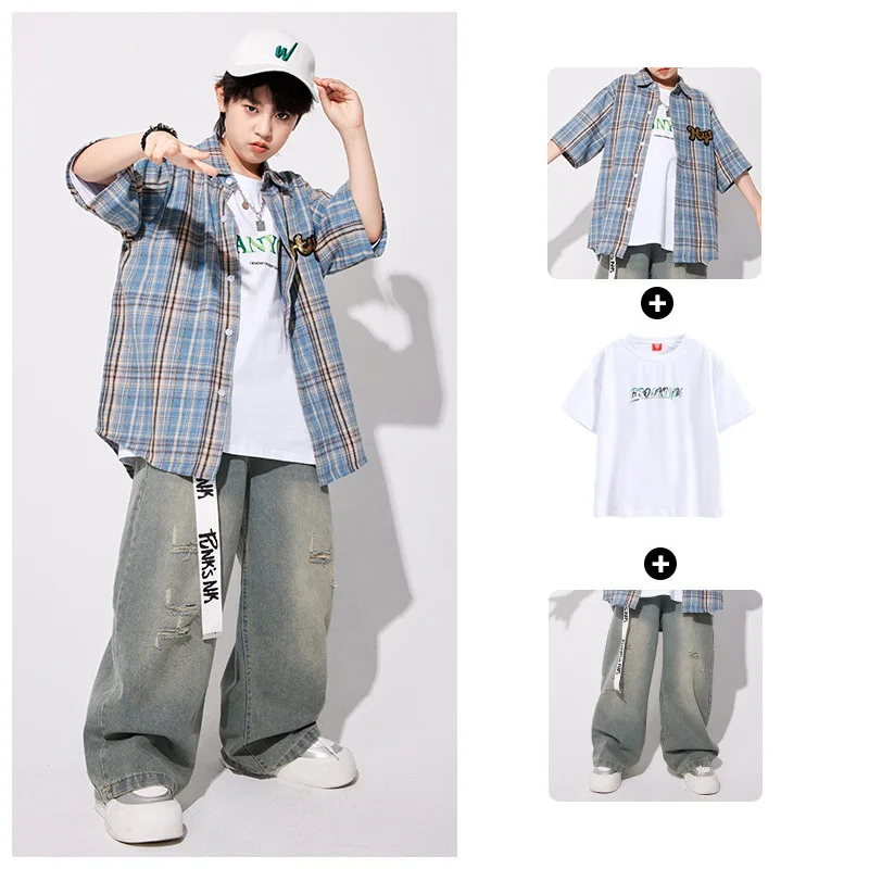 Stroje Hip Hopowe Japońska Krata Koszula Vintage Podarte Jeansy Dziewczęce Zestawy do Tańca Ulicznego K-pop Chłopięca Odzież Streetwear Kostiumy Jazzowe dla Dzieci