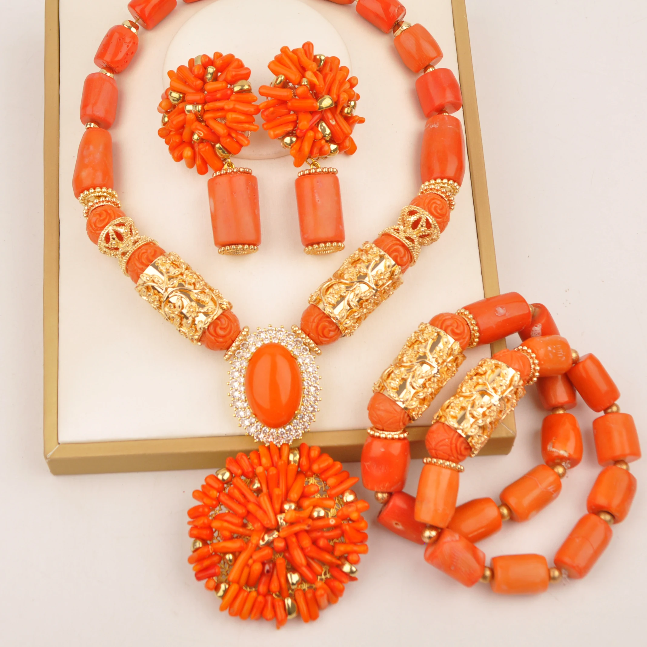 

Nigerian Fashion Natural Coral beads African wedding couple necklace set orange