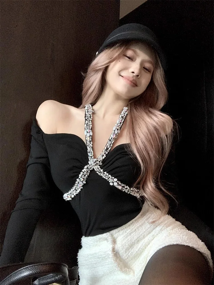 Heavy Beading Shiny Halter Bandage Unique Women T-shirts Clavicle-exposed Slim Tees Y2k Clothes Vintage French High Grade Tops
