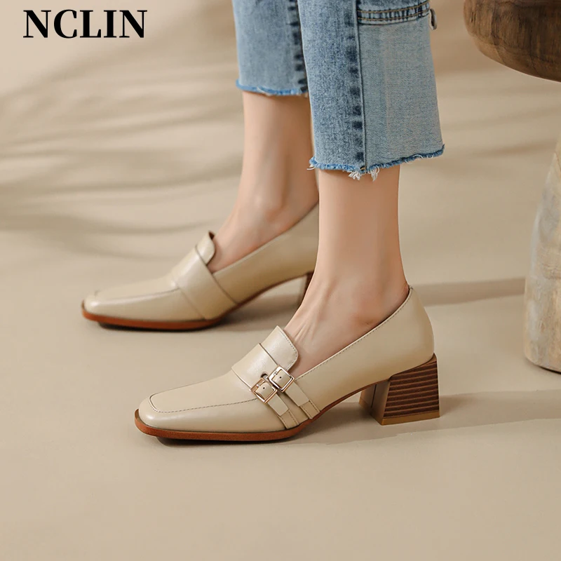 2024 New Genuine Leather Women Shoes Fashion Square Toe Slip-On Shallow Pumps Thick Heel Spring Shoes Women Zapatos De Mujer