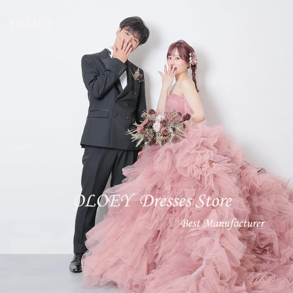OLOEY Fairy Candy Color Tulle Evening Dress Korea Wedding Dresses Photo Shoot Strapless Sashes Tiered Prom Gowns Customized