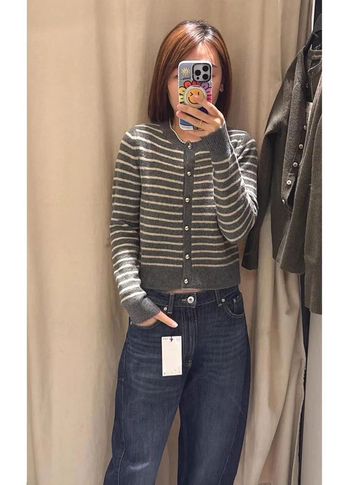 

Sweet Lazy Retro Soft round Ne Striped Knitted Open Cardigan Coat for Women Autumn New Arrival Casual Comfortable Long Sve
