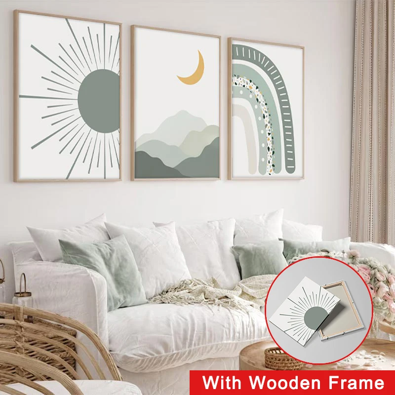

Framed Nordic Minimalist Style Modern Abstract Geometric Poster Sunrise Mountain Wall Art Canvas Painting Home Decor Living Room
