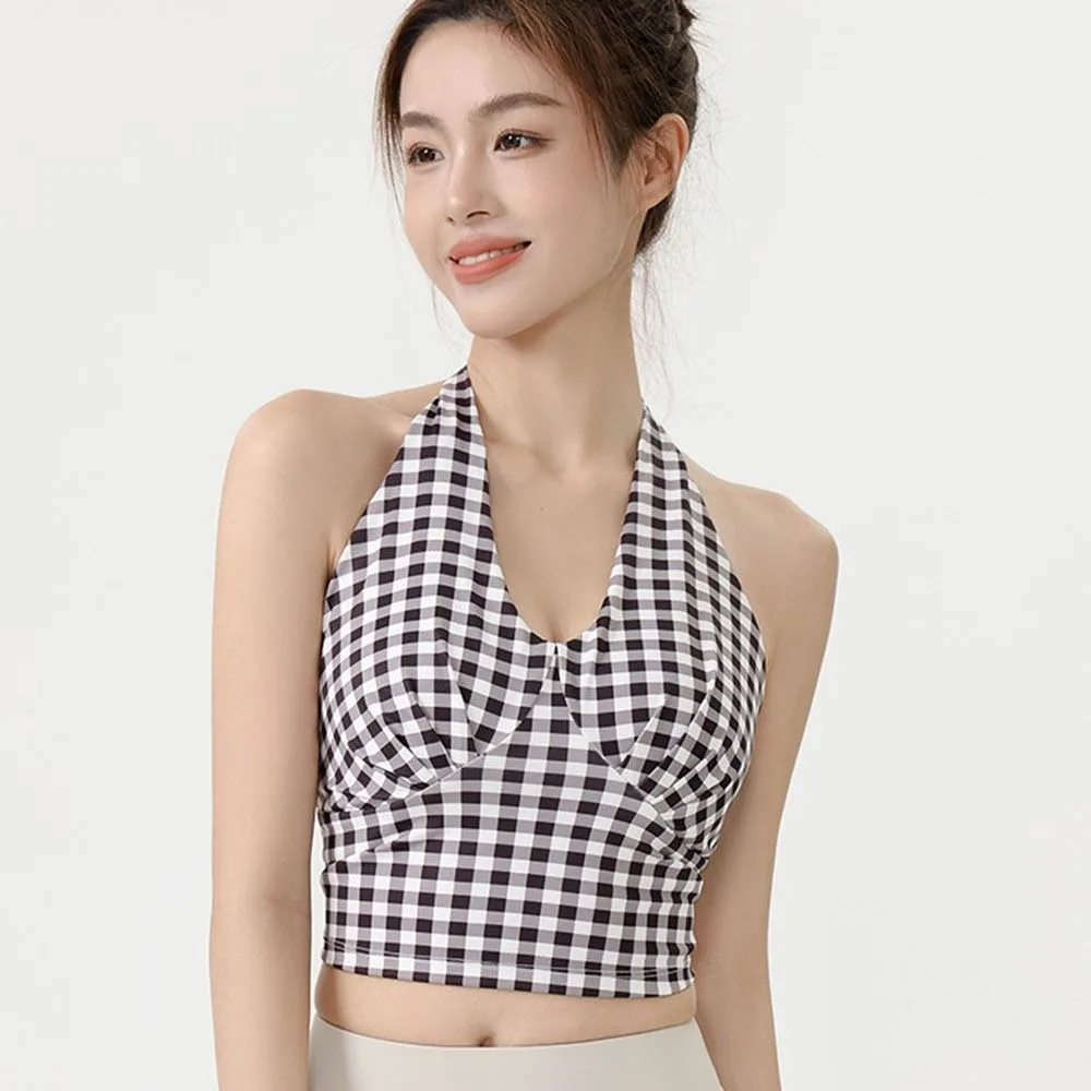 Fitness Top V-Neck Yoga Vest Plaid Fixed Pad Sports Bra Breathable Slim Fit Push-Up Tank Top Yoga Training