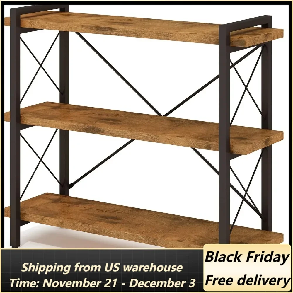 Bookshelf, 3-Tier Industrial Bookcase, Rustic Open Book Shelf, Wood and Metal Horizontal Bookshelves